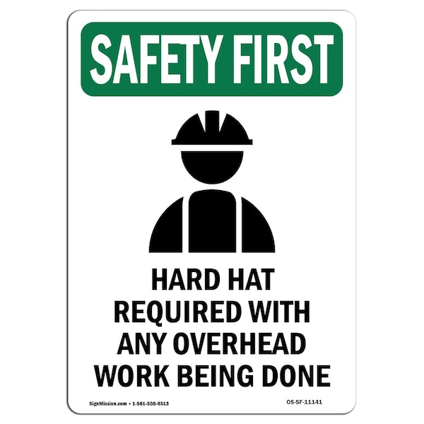 OSHA Sign, Hard Hat Required W/ Symbol, 24in X 18in Rigid Plastic, 18" W, 24" H, Portrait